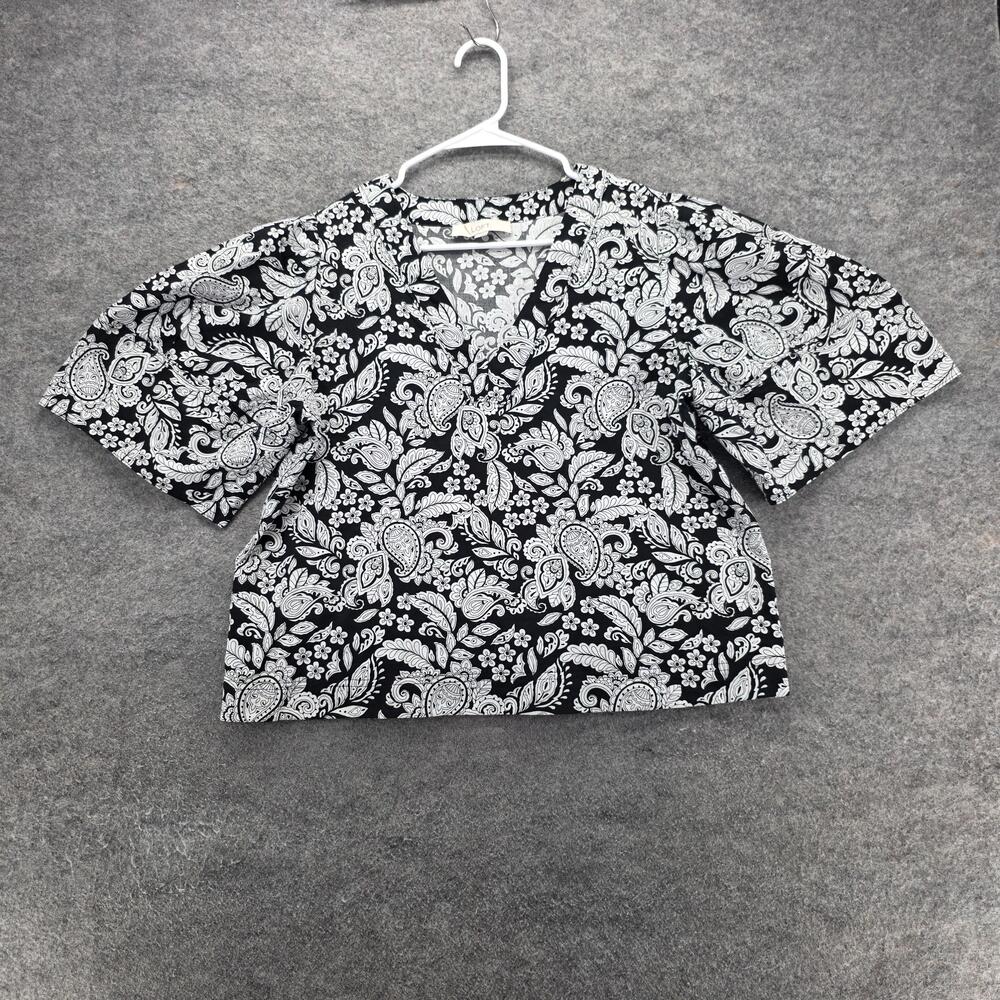 LOFT Shirt Womens Medium Black White Floral Paisley V Neck Short Sleeve Boho